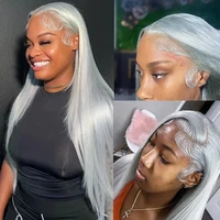 Perruque Lace Front Wig brésilienne naturelle, cheveux lisses, gris argenté, 13x4, couleur transparente 3