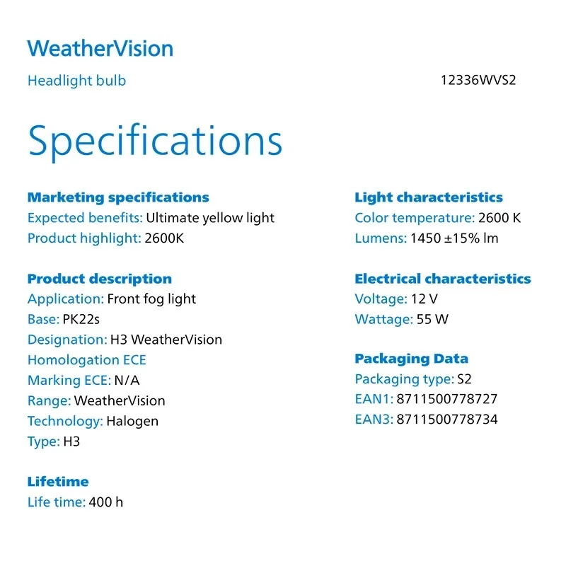 필립스 자동차 할로겐 안개등 WeatherVision H3 PK22s 2900K 노란색 전구 업그레이드 자동차 헤드라이트 12V 55W 12336WVS2, 1쌍