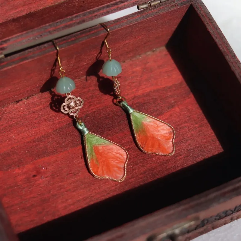 

Chinese Style Silk and Velvet Flower Paired with Glass Trimmed Copper Auspicious Cloud Earrings for Women Classical Jewelry