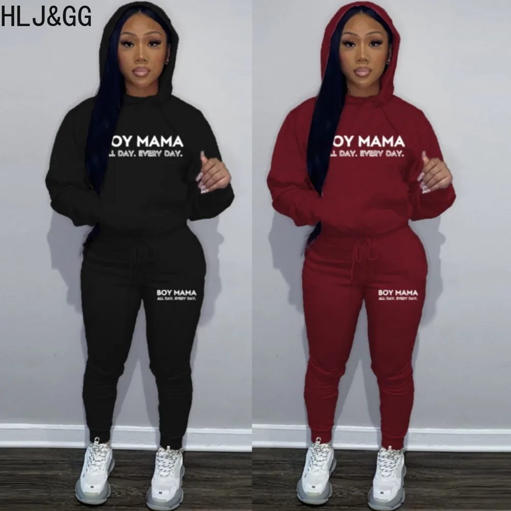 

HLJ&GG Autumn Casual Letter Print Hooded Tracksuits Women Long Sleeve Sweatshirts And Jogger Pants Two Piece Sets Female Outfits