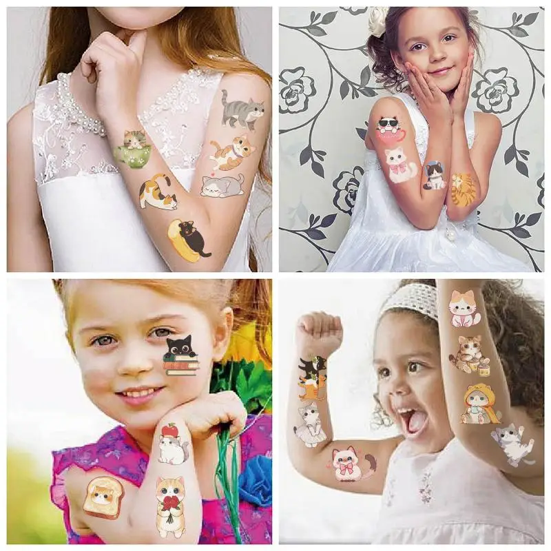 Tattoo Sticker 10 Pcs Cartoon Cat Temporary Tattoo Stickers Waterproof for Kids Birthday Gift
