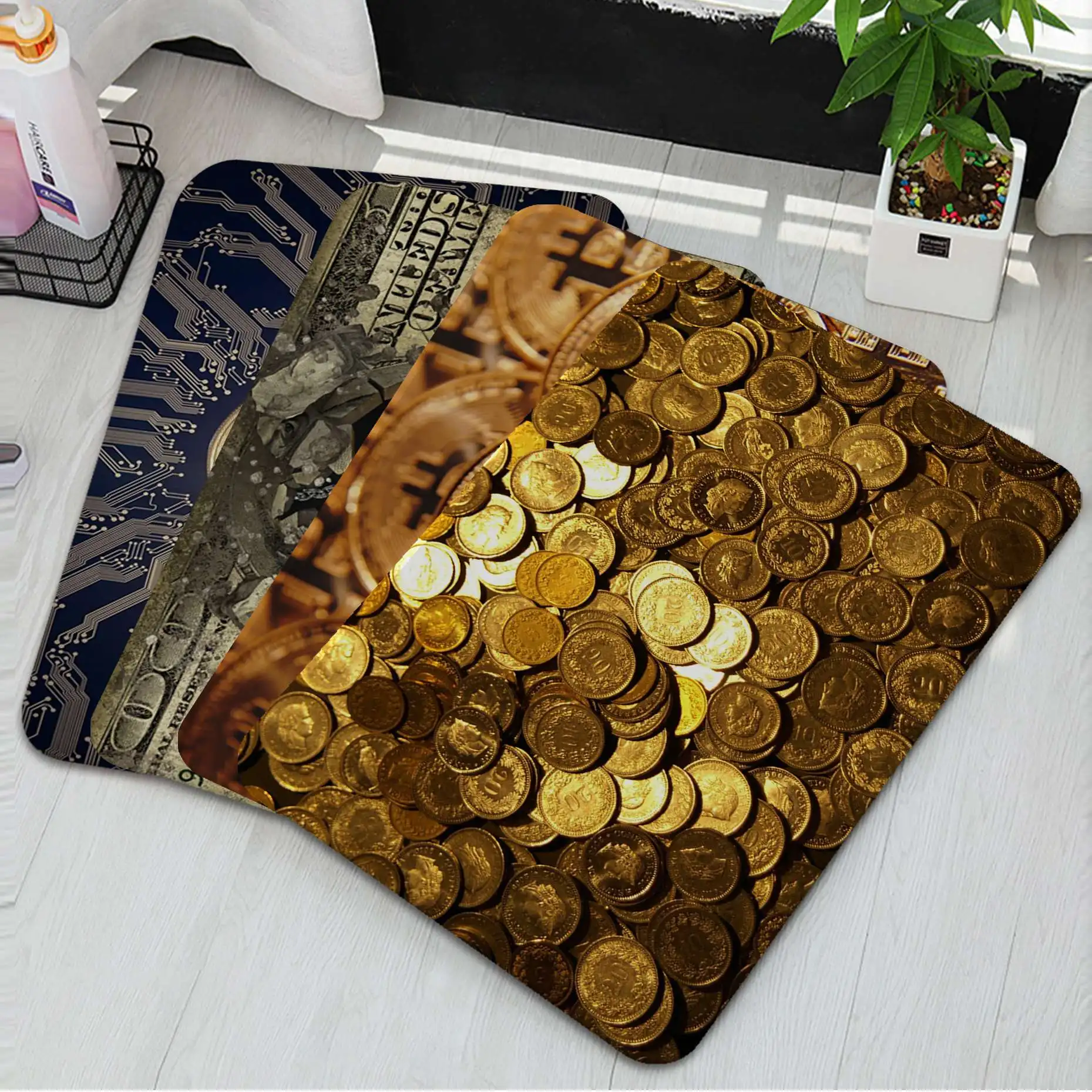 

Funny Bitcoin Gold And Money Printed Flannel Floor Mat Bathroom Decor Carpet Non-Slip For Living Room Kitchen Welcome Doormat