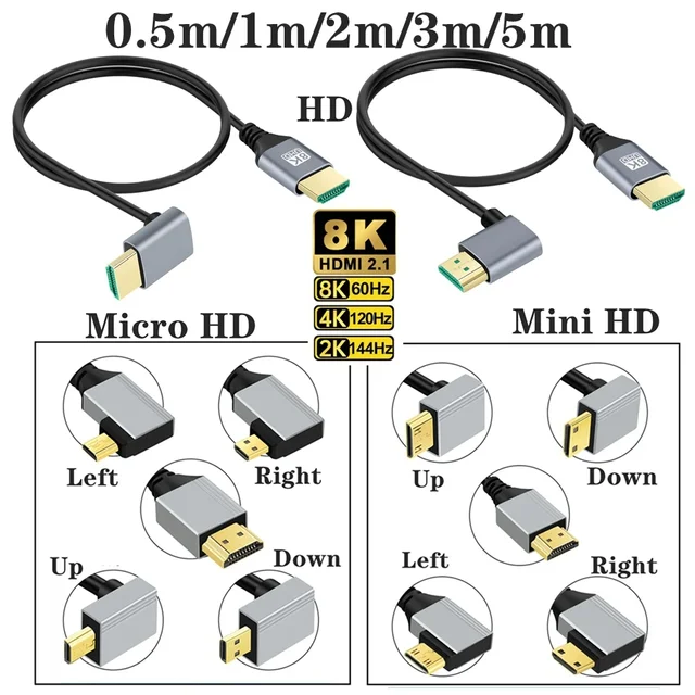 90 Degree Angle 8K 5K Micro HDMI To HDMI-compatible HDMI 2.1V Cable for TV PC Digital Camera Sony A6400 GH4 Tablet  Hdmi Cable