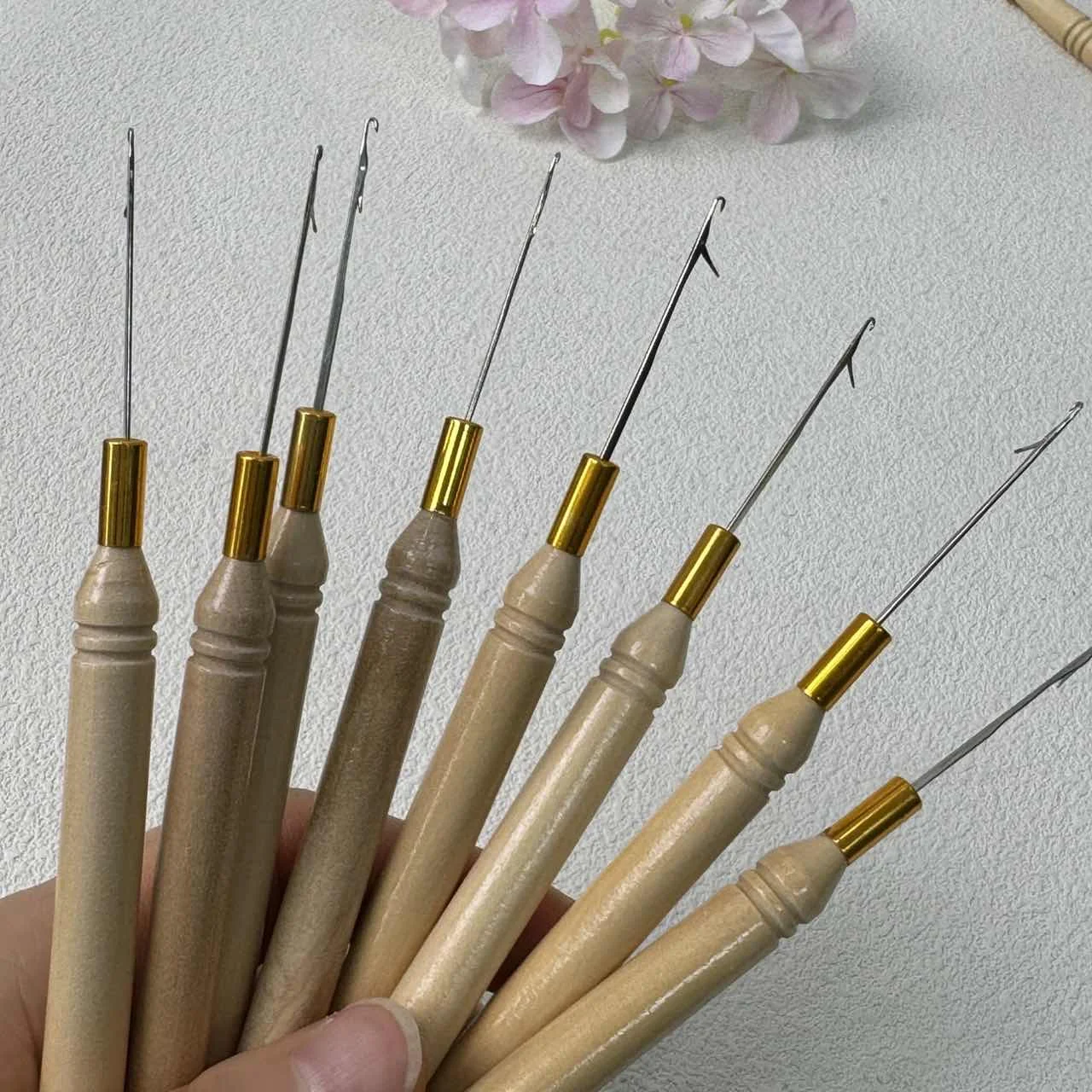 나무 손잡이 래치형 크로셰 훅, 헤어 익스텐션용, 마이크로 링 비즈 당김 바늘 ..