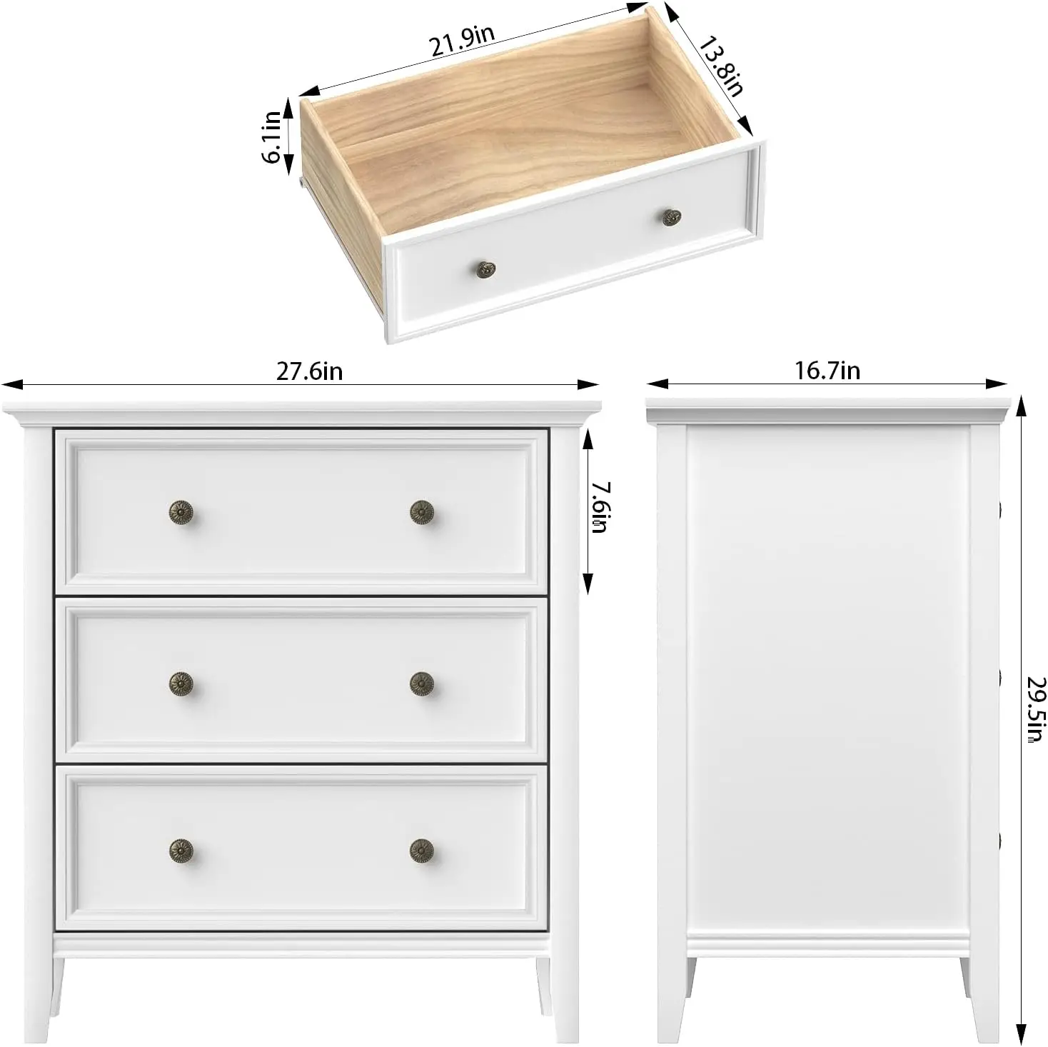 White Nightstand with 3 Drawers and Charging Station, Solid Wood Nightstand Organizer for Bedroom