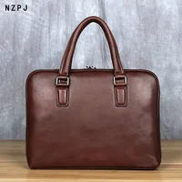 Vintage Men's Briefcase Top Layer Cowhide Casual Handbag Leather Business Shoulder Messenger Bag Brown 14 Inch Laptop Bag NZPJ 1