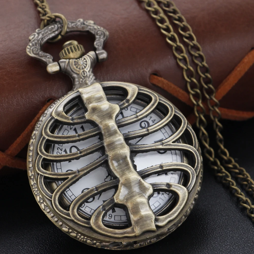 Strange Bronze Hollow Skeleton Quartz Pocket Watch Steam Punk Fob Chain