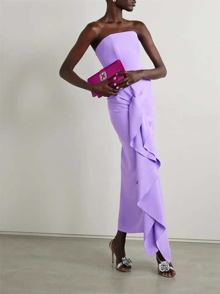 Customized Strapless Boat Neckline Stretch Satin Sheath Evening Dress Open  Back Zipper Ankle Length With Ruffled Gown For Women - AliExpress 320