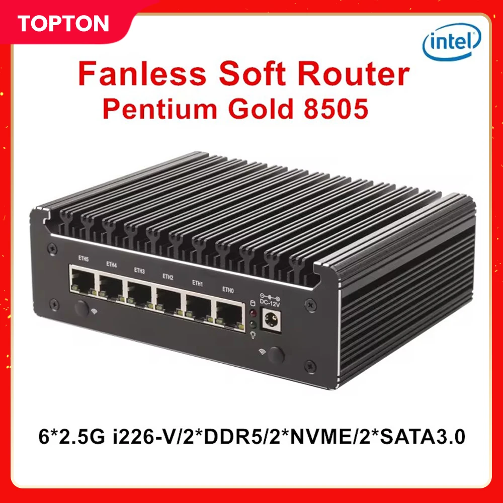 Topton Pentium8505搭載 2.5Gbase-T SFP4ポート A Intel Pentium 8505 Mini PC with 6 2.5GBps LAN ports