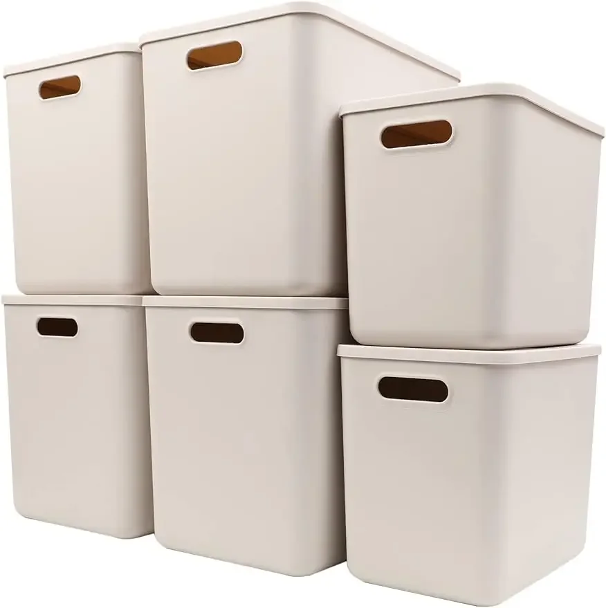 

Plastic Storage Baskets With Lid Organizing Container Lidded Knit Storage Organizer Drawers Closet (4XL+2L, Light grey)