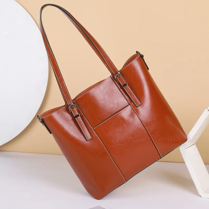 

2024 Style New Genuine Leather Women's Bag Oil Wax Fashion Versatile Handheld Single Shoulder Crossbody Big Bags Bolsa Feminina