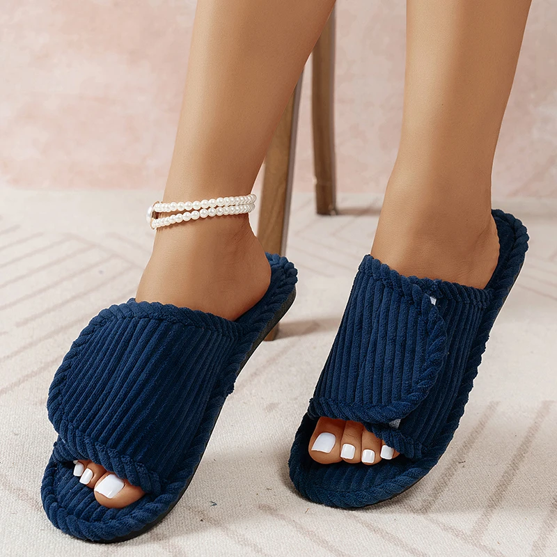 Simple Flat Heel Home Slippers Women Corduroy Open Toe Indoor Bedroom Slides Woman Comfortable Lightweight Non Slip House Shoes