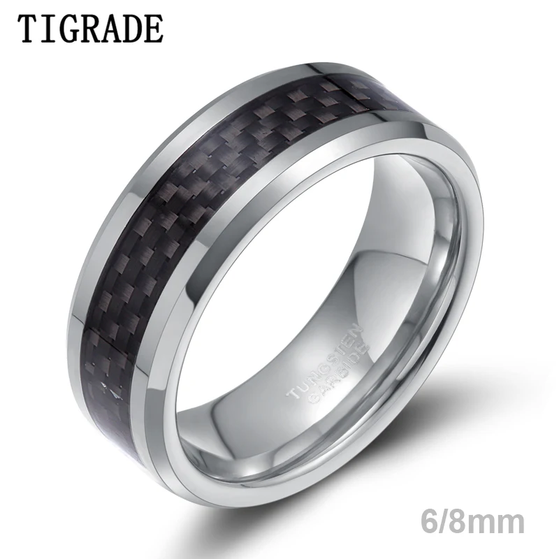 Tigrade 6/8mm Black Carbon Fiber Men's Ring Tungsten Carbide Engagement Ring Wedding Band Men Women Design anel mascul 2