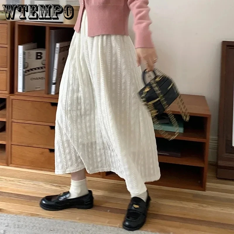 

WTEMPO Fashion Elastic High Waist Jacquard Lace Skirt Women Autumn Winter New Elegant French Style A-line Mid-length White Skirt