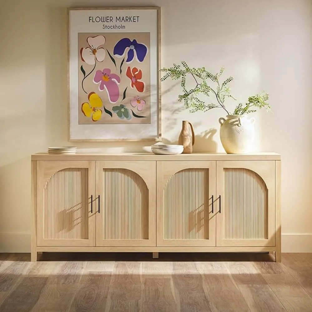 Modern 70" Reeded Sideboard, Credenza with Doors for Dining Room, Media and Game Storage, Buffet Cabinet with Cord Management 3