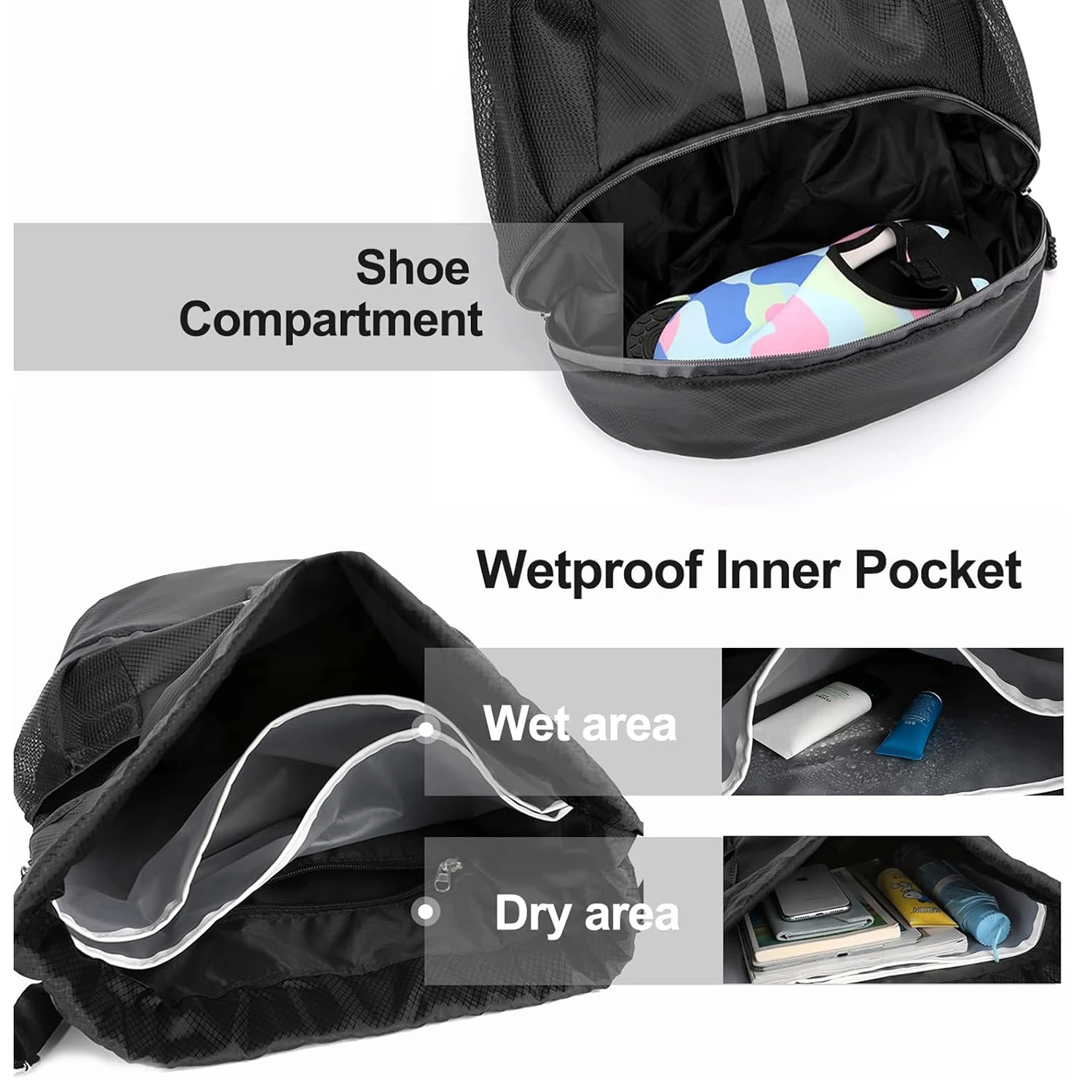 Sports Drawstring Backpack Bag with Shoes Compartment Wet Proof Pocket for Women Men Large Capacity String Swim Gym Sackpack Bag - Image 2