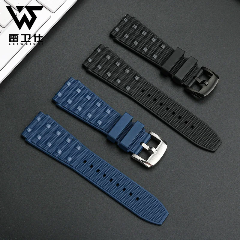 Premium Rubber Watch Strap - Durable Fluororubber in Black & Blue, 22mm/24mm