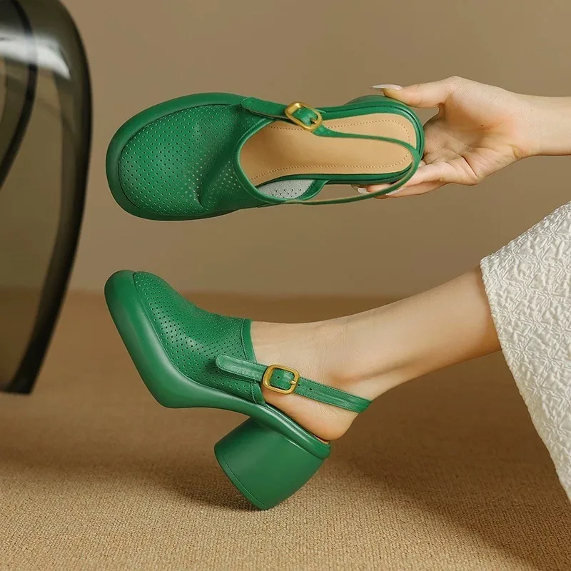 Women High Heels Baotou round heel sandals summer round head deep mouth line with soft sole anti-slip wear-resistant high heels