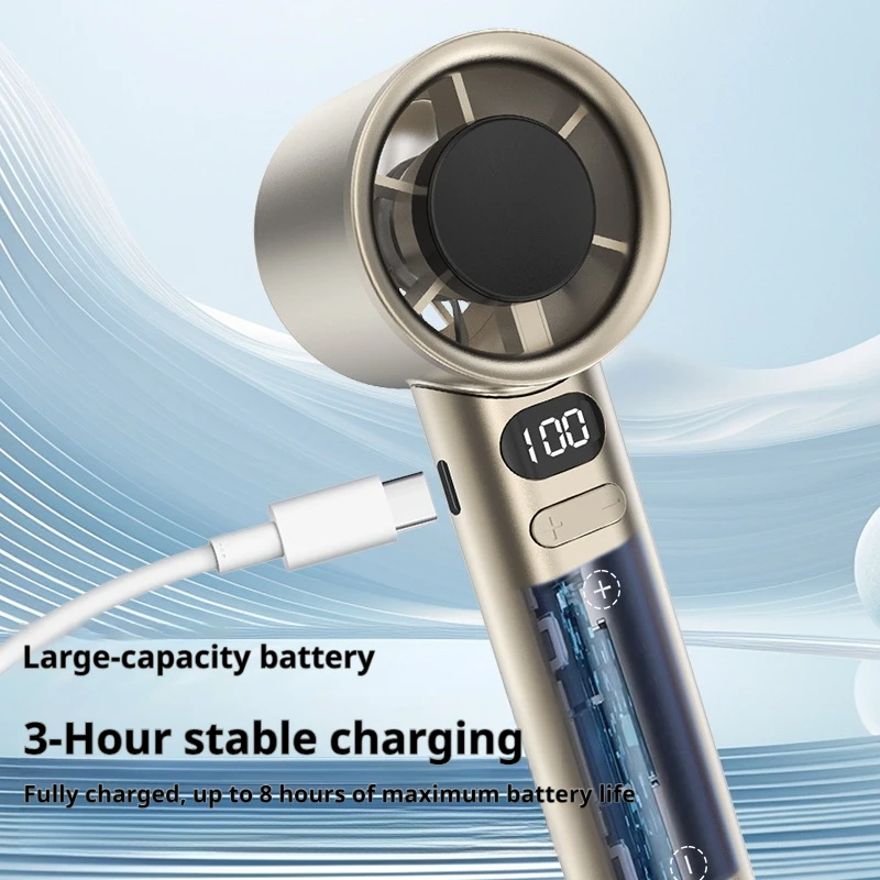 Draagbare, krachtige, snelle ventilator met USB-oplaadfunctie en LED-display, essentieel voor zomerse reizen. Mini-ventilator_voghion.com