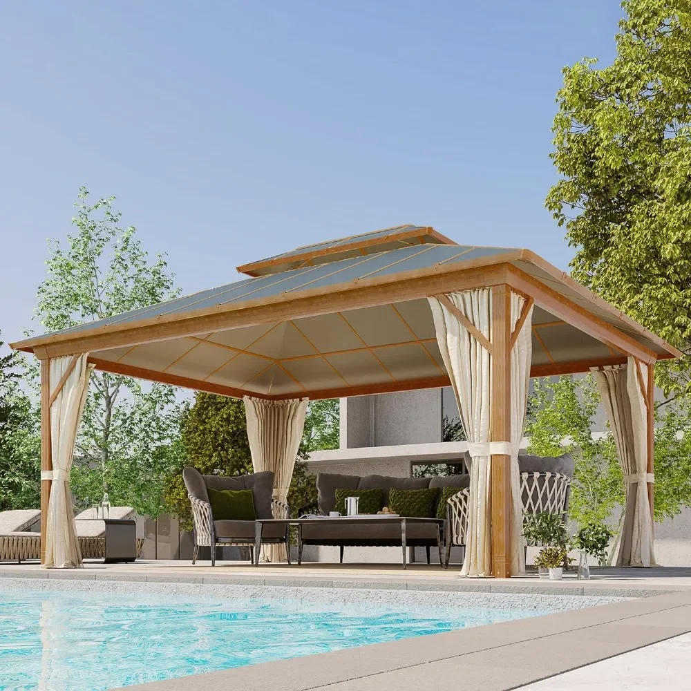 12x16FT Hardtop Gazebo,Wooden Finish Coated Aluminum Patio Gazebo with Aluminum Composite Double Roof for Patio Lawn and Garden