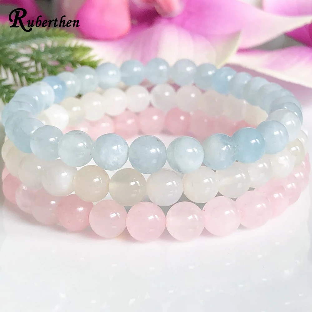 Ruberthen 6 mm 천연 로즈 쿼츠 월장석 아쿠아 마린 팔찌 비옥 팔찌 세트 비옥 치유 크리스탈 쥬얼리