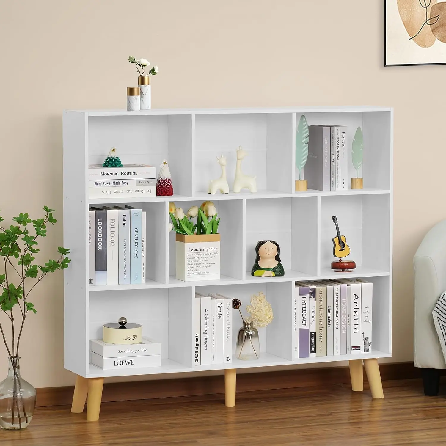 

3 Tier White Bookcase with Legs Open Bookcase Storage Cabinet Vertical Wooden Bookcase for Small Space /Bedroom/Living Room