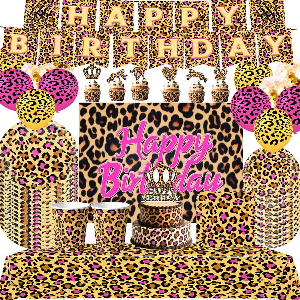 Rosa Leopard Thema Geburtstag Party Geschirr Dekor Tier Gepard Ballon Banner Kuchen Topper Kulissen Kinder Baby Dusche Supplie