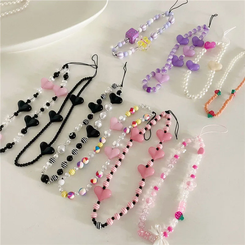 Charm Multicolor Resin Heart Bowknot Mobile Phone Chains for Women Girls Telephone Jewelry Strap Beaded Lanyard Hanging Cord