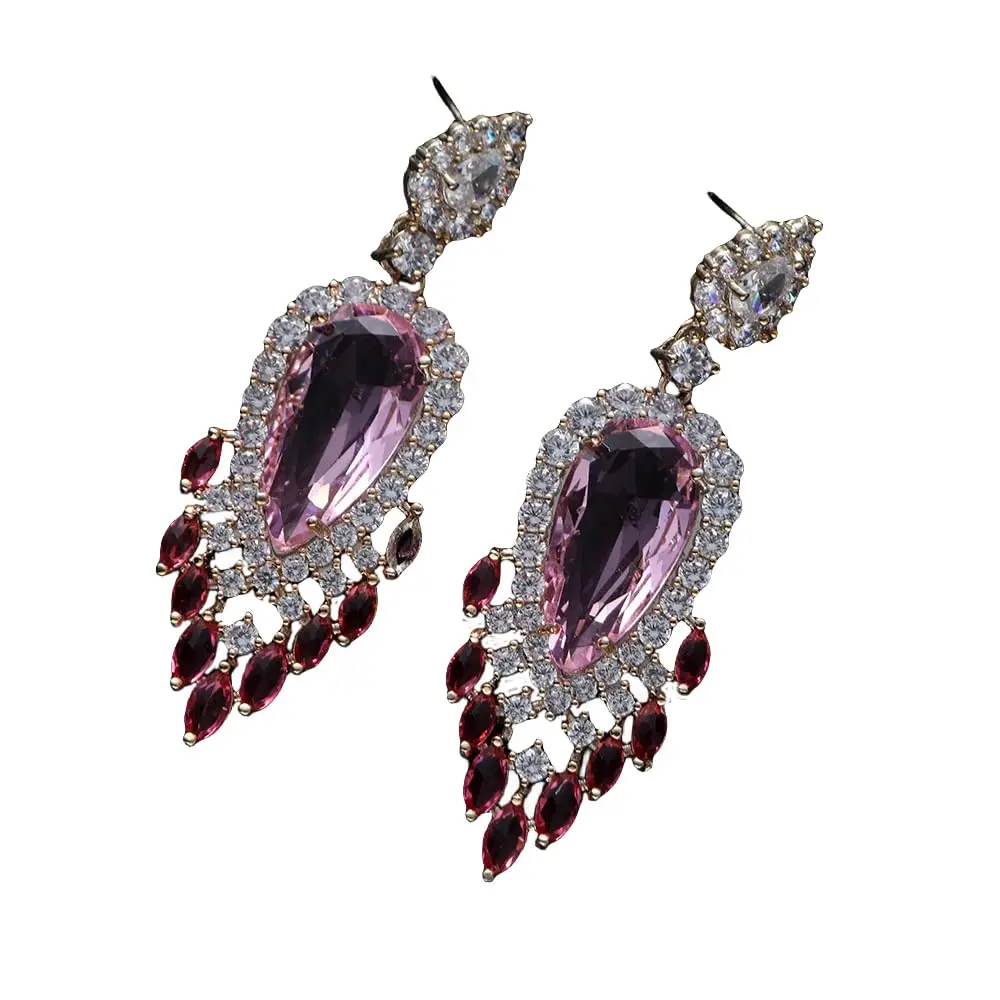 

EVACANDIS Crystal Teardrop Pink Handmade Gemstone Gold Plated Drop Dangle Earrings for Women Wedding Statement Birthstone Zircon