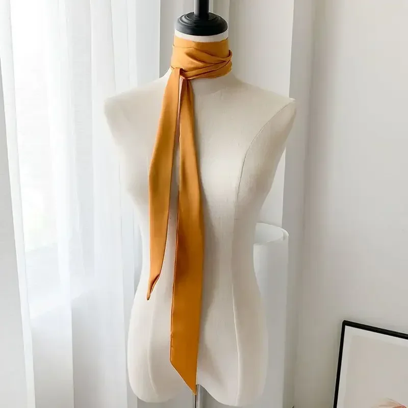 5X190CM Women Narrow Long Scarf Solid Color Chiffon Silk Rubber Red Tie Black Bag Ribbon Headband Choker Streamer Scarf Fur Coat 3