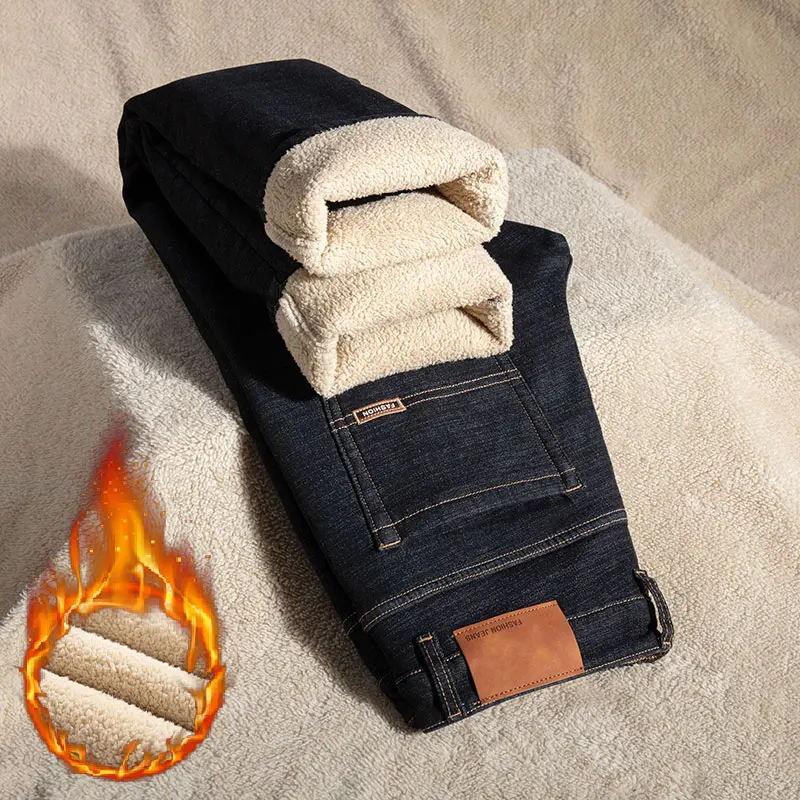 Plus Size 44 46 Casual Sherpa Warm Jeans Men Winter Velvet Thick Trousers denim pants denim trousers men trousers Loose Straight Business Classic Fleece Denim Pants