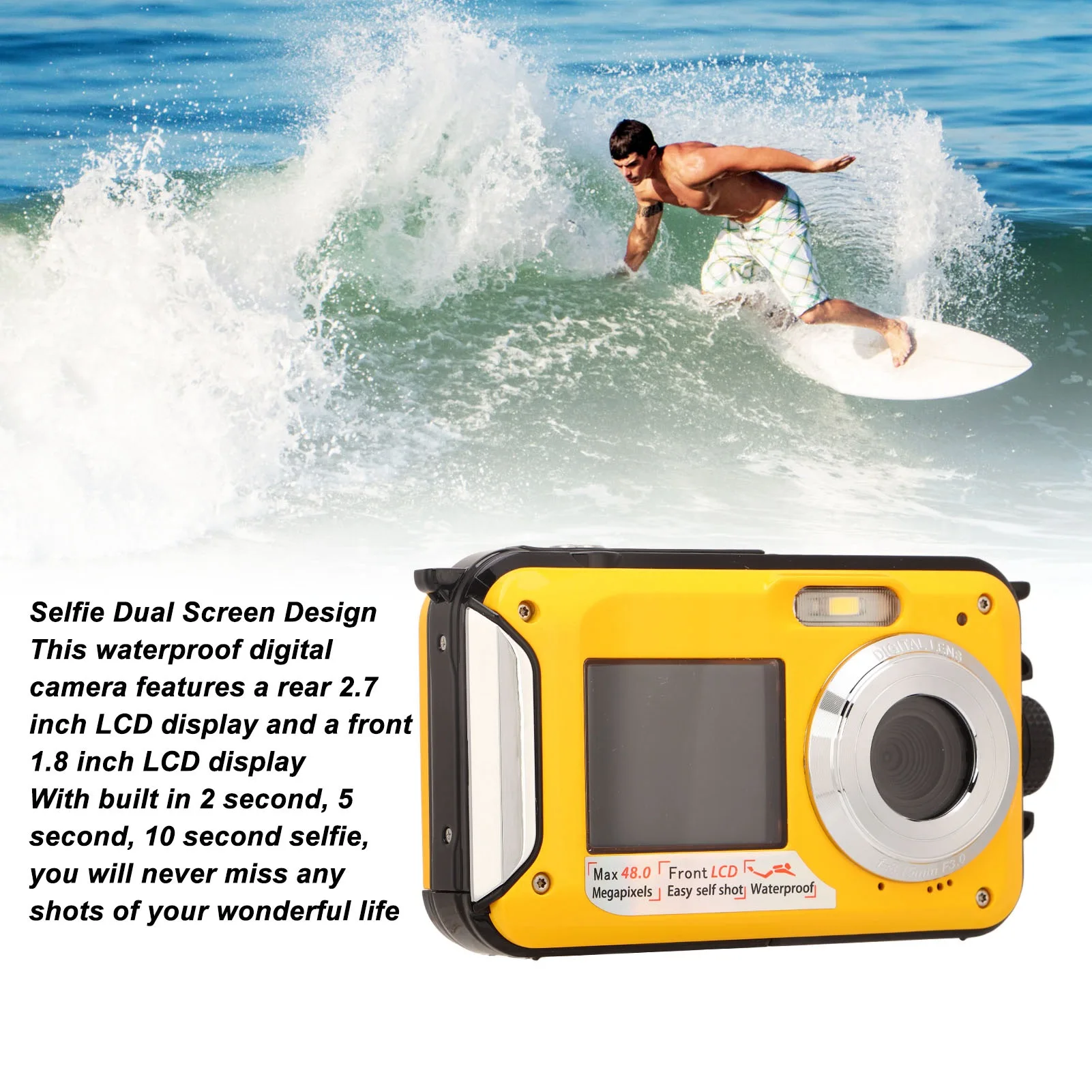 Caméra sous-marine 2.7K 48MP étanche 10m - Double écran selfie, écran avant allumé pour selfies