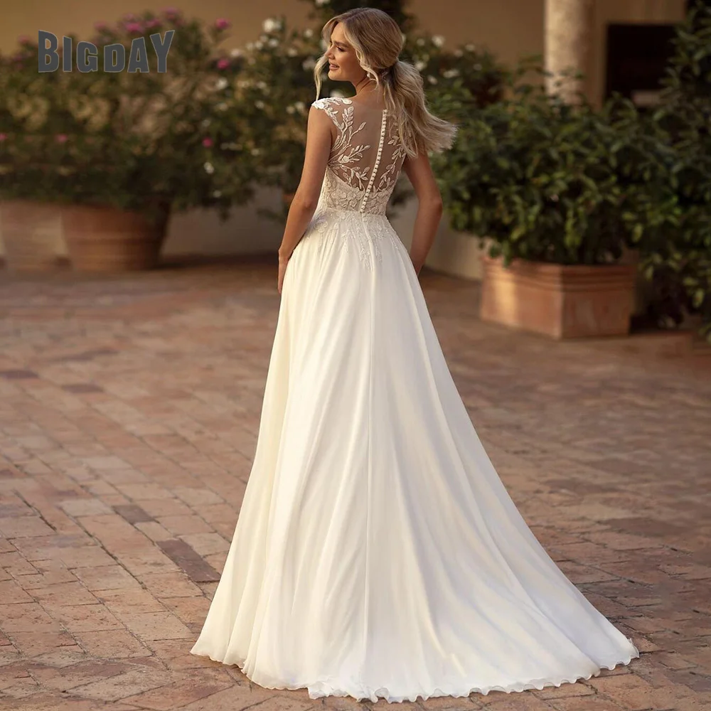 Elegant Boho Lace Wedding Dress Chiffon O-Neck Illusion Back Side Split Applique Bridal Party Gown Vestidos De Novia Customized 2