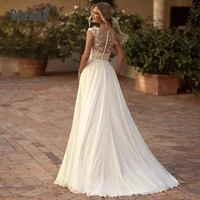 Elegant Boho Lace Wedding Dress Chiffon O-Neck Illusion Back Side Split Applique Bridal Party Gown Vestidos De Novia Customized 2