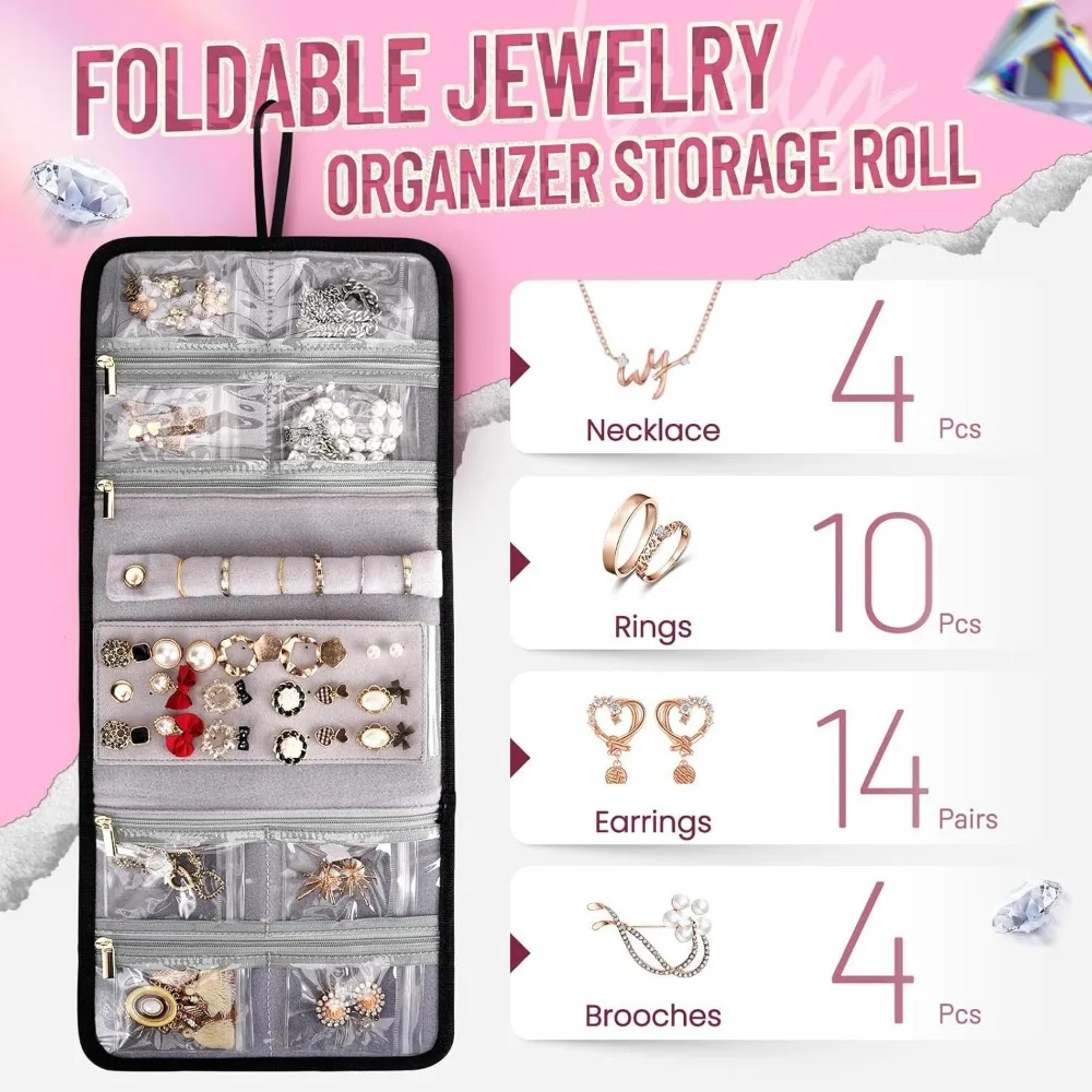 Large Travel Cosmetic Organizer Bag with 4 Removable Boxes Jewelry Roll Polyester Storage Pouch for Makeup Accessories 6