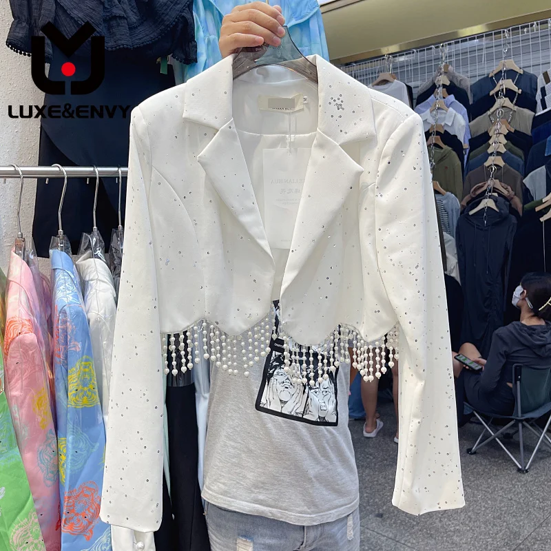 

LUXE&ENVY New Fashion Temperament Design Sense Heavy Work Beaded Tassel Suit Coat Women's Short Suit Top 2023 Autumn