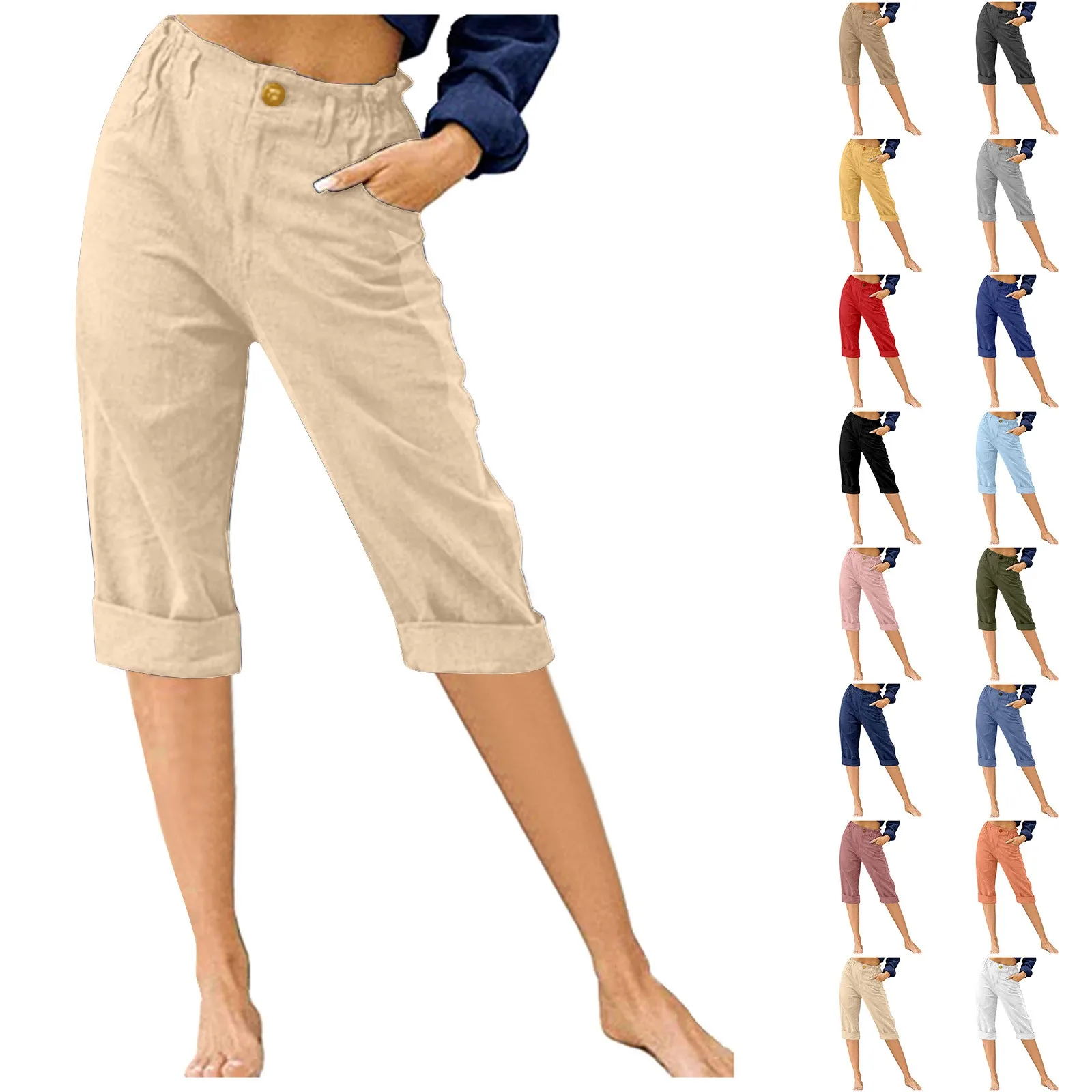 

Women's Cotton Linen Pants Drawstring Elastic Waist Pants Casual Cropped Trousers Daily Breeches Five Half Pants Pantalone