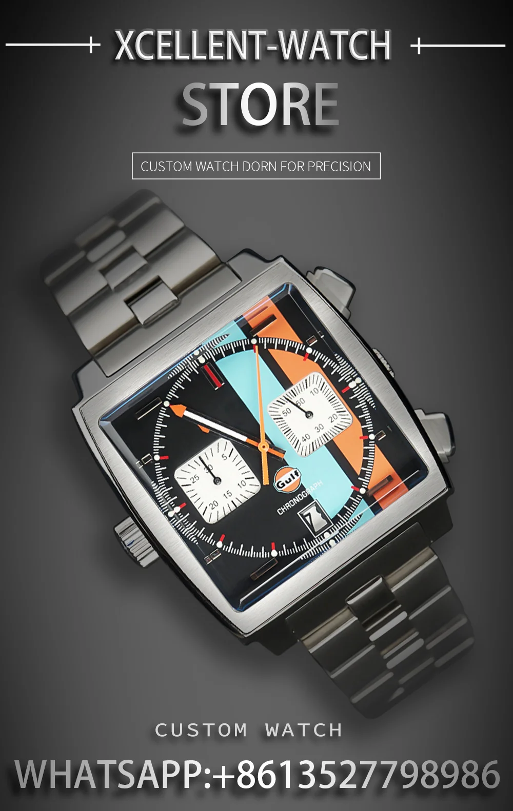 2022 Fashion New Square Color Bar 37mm Men's Leisure Sports Sapphire Mirror Stainless Steel Material Waterproof Quartz Watch