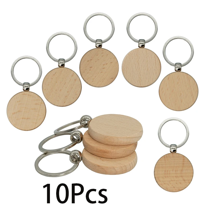 

10Pcs Blank Round Wooden Keychain Diy Wood Rings Wooden Key Tags