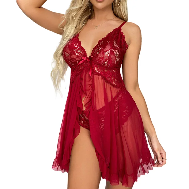 Ensemble de lingerie en dentelle à volants pour femmes, soutien-gorge et culotte, robe à enfiler en V profond, sous-vêtements sexy, nouveaux abonnés 1