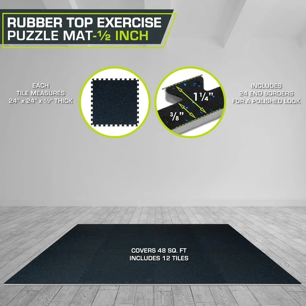 Rubber Top Exercise Puzzle Mat 3/4-inch, 24 SQFT, 6 Tiles, EVA Foam Interlocking Tiles for Home Gym Protective Flooring 2