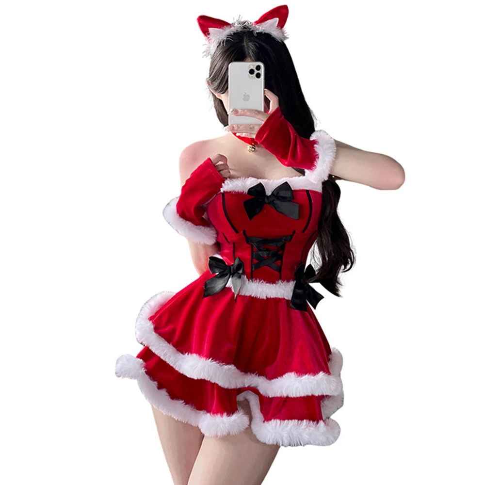

High Quality Women Christmas Dress Sexy Red Christmas Costumes Miss Santa Claus Uniform Xmas Cosplay Costume Lace-up Top + Skirt