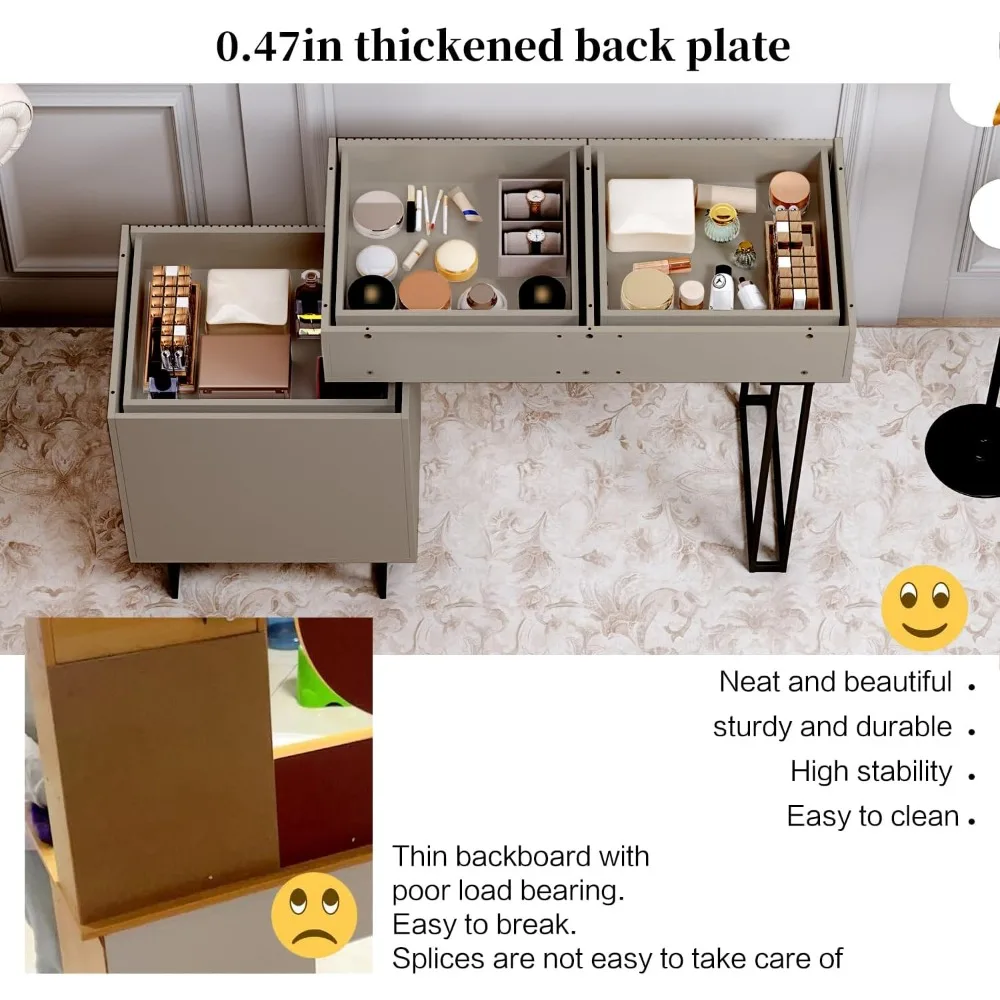 White Dressing Table with Mirror and Light, Small Makeup Table with 5 Drawers, Modern Makeup Table with Adjustable Cabinets 4