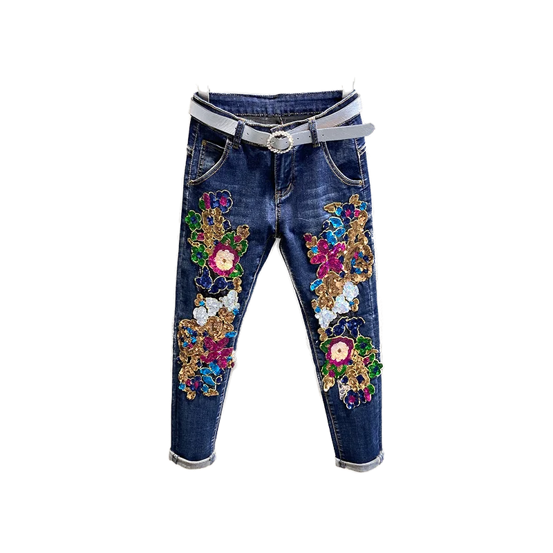 Women Jeans Embroidery Bling Print High 