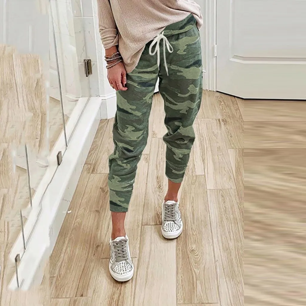 

Spring And Summer Women's Casual Camouflage Pants Fashion Drawstring Waist Trousers Loose Seven Minute Pants With Pockets