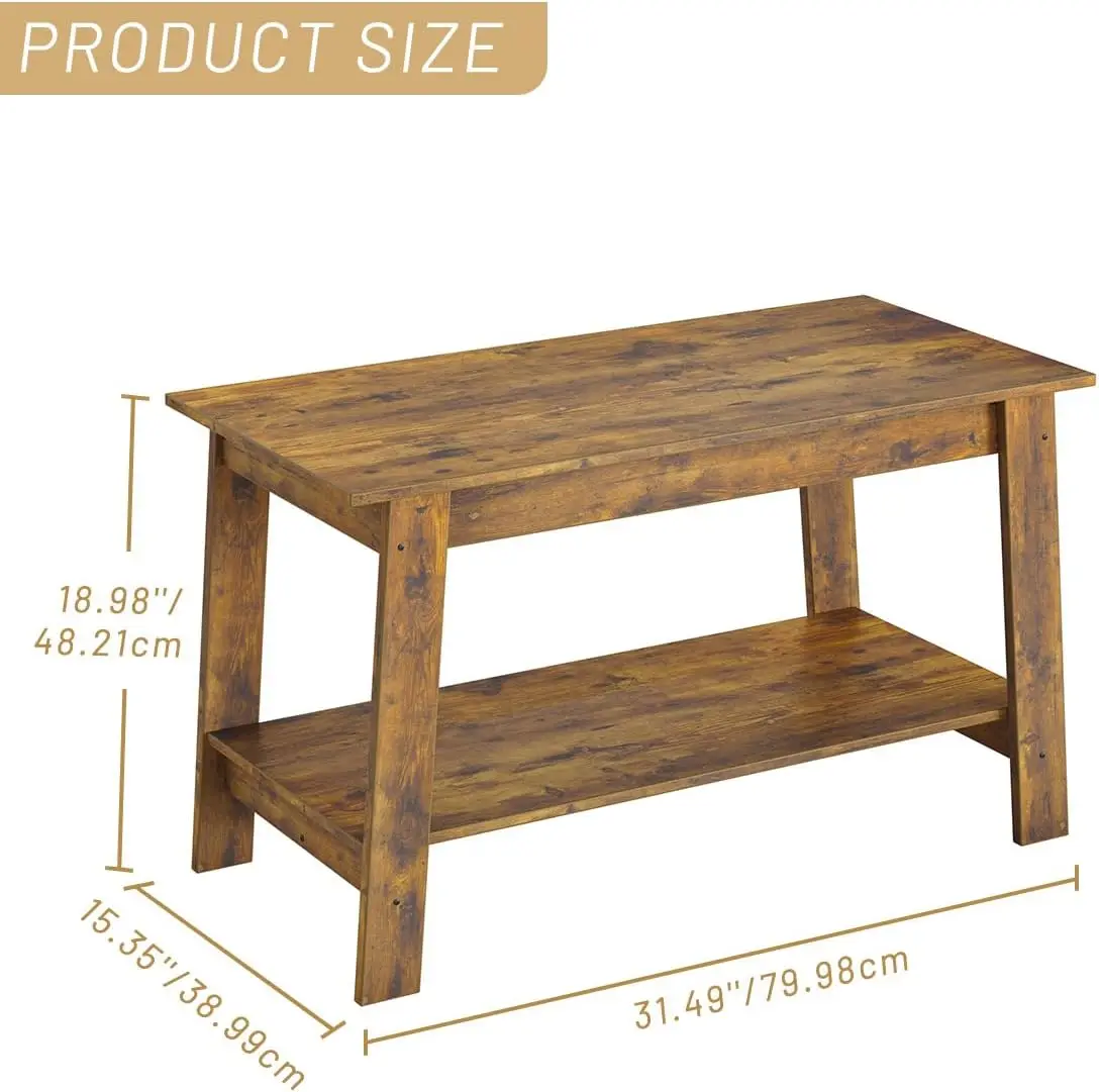 Coffee Table, Rustic Coffee Tables for Living Room, Outdoors, Home Office, Bedroom, Wood Living Room Tables with 2-Tie, Brown 4
