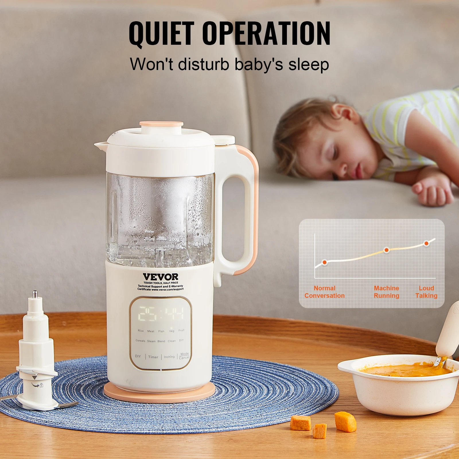 VEVOR Baby Food Maker 500W Baby Food Processor with 300 ml Glass Bowl SUS304 Stainless Steel 4-Blade Baby Food Steamer Grinder 5