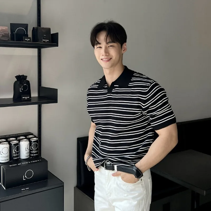 

Мужская Трикотажная футболка-поло в полоску, с коротким рукавом