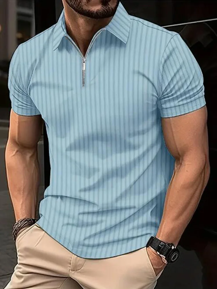 Summer Men Stripe Fashion Short Sleeve Polo Shirt Half Zip Solid Elastic Office
