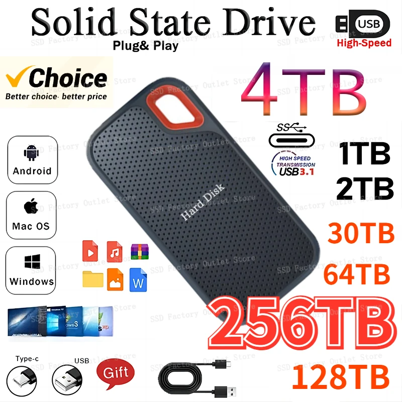

E81 E61 E30 External Hard Drive Portable SSD Hard Disk 1TB 2TB Type-C/USB 3.2 Interface Storage Device for Laptop/Desktop/Mac/PC